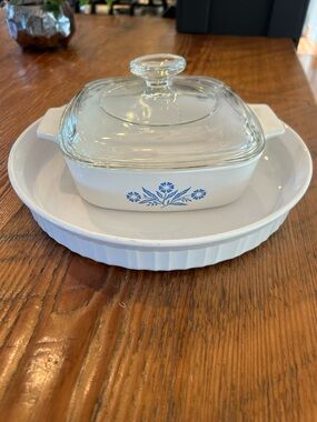 Vintage CorningWare Cornflower Blue Casserole w Lid + 24cm Pie Plate Set